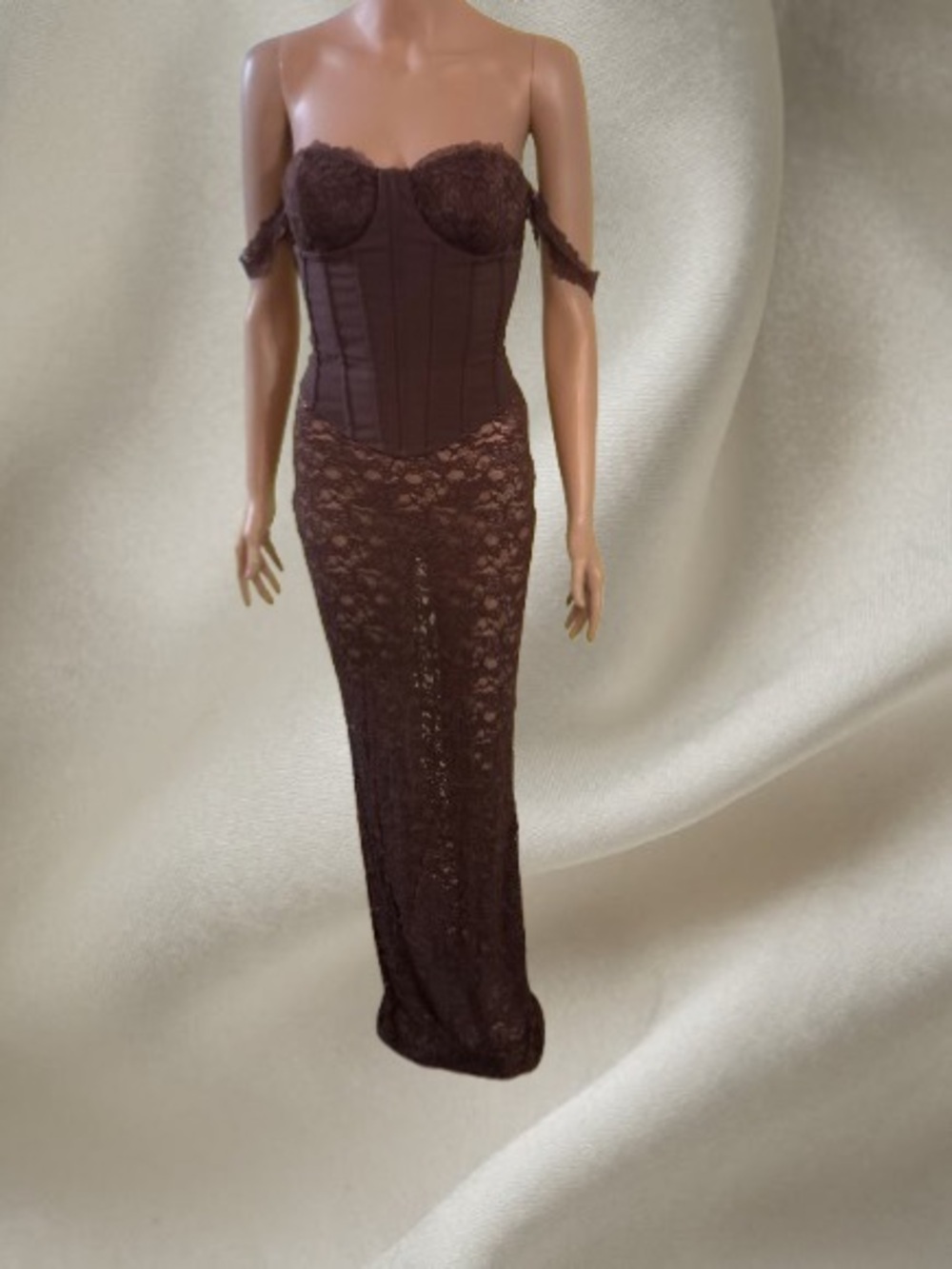 Strapless Lace Corset Maxi Dress in Chocolate Brown